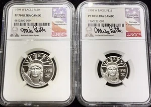 1998-W $50 & $25 American Platinum Eagle NGC PF70 Ultra Cameo Mike Castle Signed - Picture 1 of 2