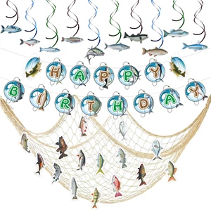Gone Fishing Party Decorations Include Hanging Swirl Happy Birthday Banner Fish - Picture 1 of 12