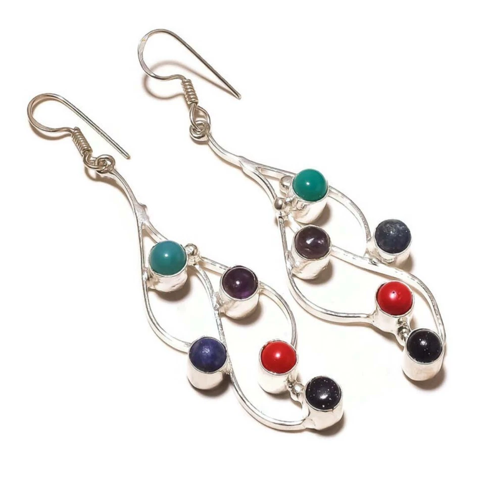 Green Onyx, Lapis, Coral, Amethyst, Sunstone Gemstone Handmade Dangle Earrings - Image 1 of 3
