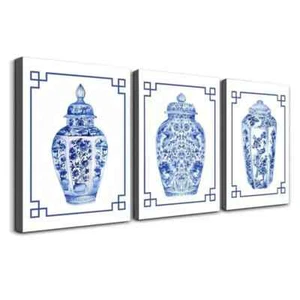 3pcs Blue and White Porcelain Vases Wall Art Canvas Framed 50x70cm - Picture 1 of 3