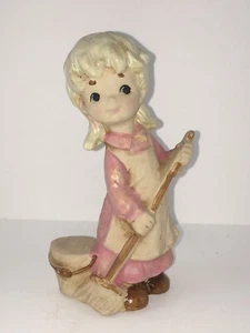 Vintage Lefton Girl Cleaning Pink Dress White Apron 5 1/2” Tall - Picture 1 of 6