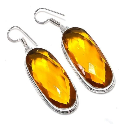 Orecchino Fatto A Mano In Argento Sterling 925 Con Gemma Di Topazio Citrino S-42 - Immagine 1 di 4