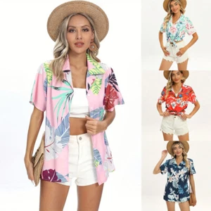 Hawaiian Shirt Women Flowers Tree Print Aloha Beach Top Blouse - Picture 1 of 30