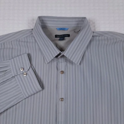Van Huesen Men's Slim Button-Up Long Sleeve Shirt Gray Stripe Size 18-18.5  2XL - Image 1 of 4