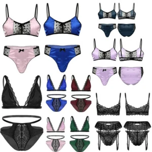 Juego de lencería de encaje Sissy para hombre con correas cami sujetador en la parte superior tanga travesti bragas - Imagen 1 de 100