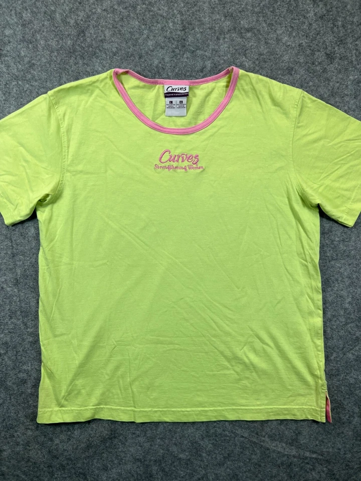 Camiseta CURVES Mujer Grande Verde Rosa Borde Crew Camiseta Gráfica Damas  Foto 1 de 4