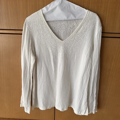 Lafayette148 White Linen Beaded Embroidered Size 8 Boho White V Neck Top Tunic - Image 1 of 4