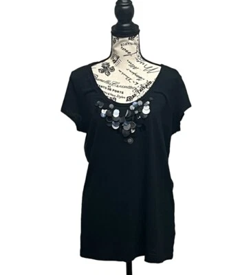 Caslon Mujer Talla XL AZUL MARINO Slub Tejido Manga Corta Lentejuelas Modesto Algodón Camiseta Boho Foto 1 de 4