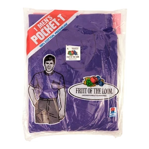 T-shirt Fruit of the Loom vintage 1987 uomo tasca L cotone viola NOS made USA - Foto 1 di 3