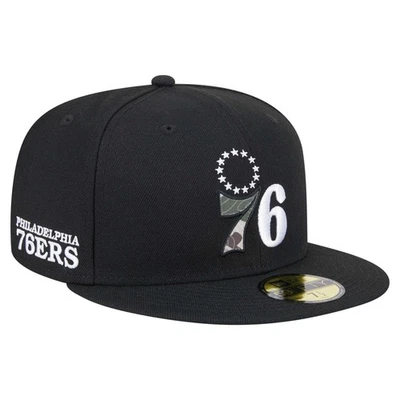 Men's New Era Black Philadelphia 76ers Camo Print UV 59FIFTY Fitted Hat - Image 1 of 4
