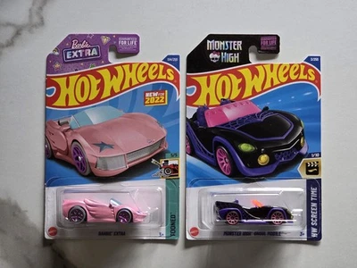 (2) 2022 Hot Wheels Pink Barbie Extra Car & Monster High Black Ghoul Mobile 1:64 - Image 1 of 4