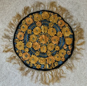 Antique Matyo Silk Embroidery Tablecloth Blue Gold Floral Round 24" excl fringe - Picture 1 of 5