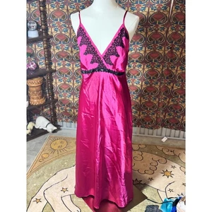 Delicates Hot Pink Satin Maxi Nachthemd Schwarz Spitze Dessous Kleid Large - Bild 1 von 4