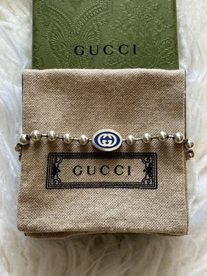 BNIB GUCCI 0728 Blue Boule Tag ARG 925 Bead Chain Unisex  Bracelet Sz 17 ITALY - Image 1 of 4
