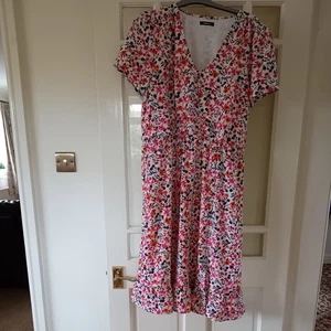 Roman Floral Elastic Waisted Short Sleeve V-neck Blouson Midi Dress Size 14 - Picture 1 of 16