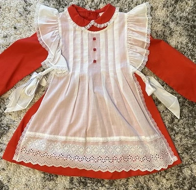 Vestido rojo vintage Nannette para niñas con delantal de encaje blanco 6X pradera Foto 1 de 4