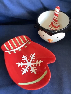 Hallmark Snowflake Mitten Plate & Penguins Treat Bowl w/Candy and Ladle 3pcs. - Image 1 of 4