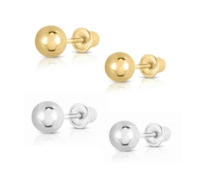 14k Solid Yellow/White Gold Round Ball Stud Earrings with Screw Back 3mm to 8mm - Picture 1 of 14
