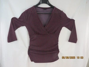 ANN TAYLOR SZ XS Polyest/Spand Red/Navy Criss Cross Chest Ruched Blouse Top - Picture 1 of 14