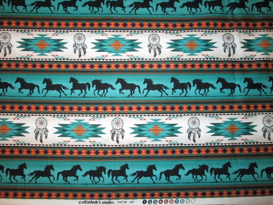 Navajo Native American Totem Wolf DRM Border Teal BLK Cotton Fabric 8 Inch Cut
