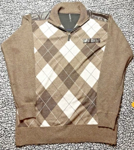 True Rock Men’s Sweater XL Argyle 1/4 Zip Brown White Faux Leather Trim - Picture 1 of 5