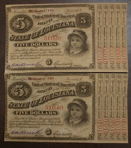 2) 1878 Louisiana $5 Baby Bond bonito nítido sin circular lote numerado consecutivamente 1434 - Imagen 1 de 2
