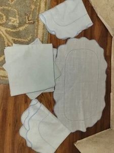 3 Vintage Baby Blue Scalloped Edge Placemats And Cloth Napkins - Picture 1 of 6