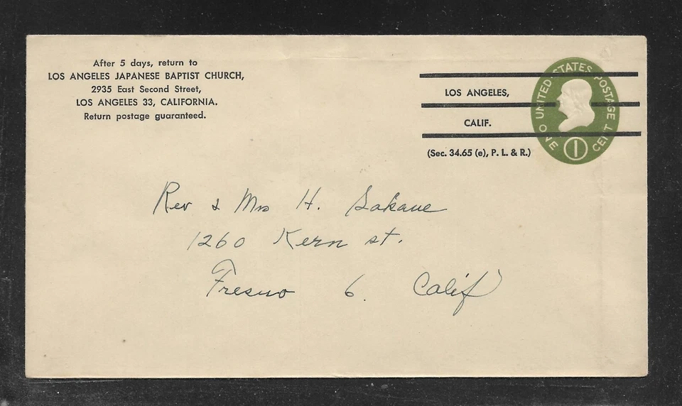 US Precancel Envelope: CA Los Angeles - 3a4 O 50 43; Used (Japanese Baptist) - Image 1 of 1