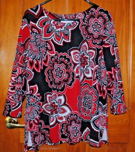 Firecracker Alfred Dunner red,black+white Woman's top XL, pleats+beaded neckline - Picture 1 of 2