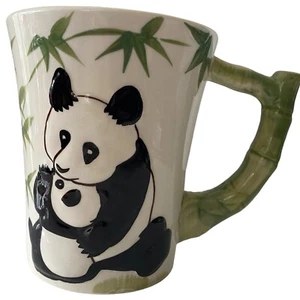 Pier 1 Panda Bear Bamboo Handle Raised 3D Coffee Mug 16 oz 4.75" Tall - Picture 1 of 7