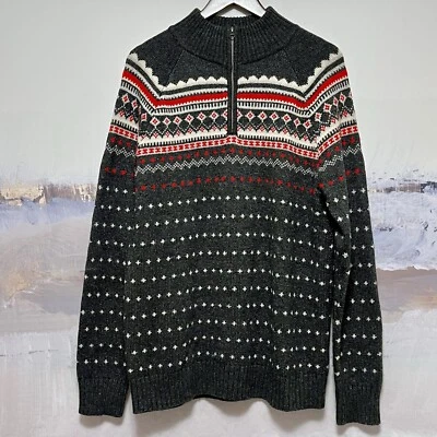 J Crew Mercantile Sweater Mens L Gray LambsWool Blend Fair Isle 1/4 Zip Pullover - Image 1 of 4
