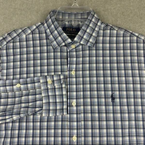 Polo Ralph Lauren Shirt Mens M Blue Plaid Oxford L/S Button Up Stretch Preppy - Picture 1 of 8