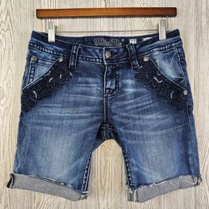 Miss Me Denim Bermuda Cut Off Shorts 27 Raw Hem Cuffed Embroidered Embellished - Picture 1 of 8