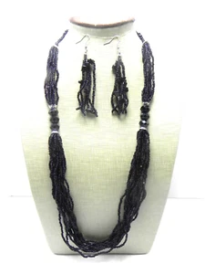 Seed Beads AB Crystals BLACK Glass ST DROP HOOK Earrings Necklace SET - Picture 1 of 6