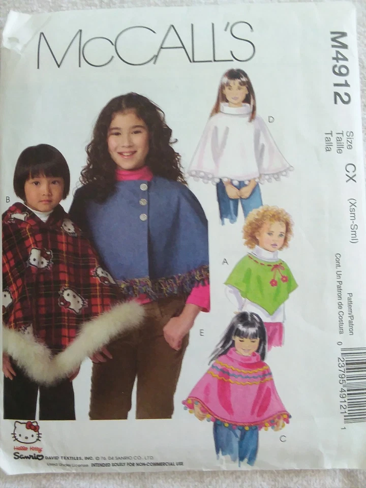 McCalls Girls Poncho Sewing Pattern M4912 Size XS S From 2005 Mostly Cut - Image 1 of 1