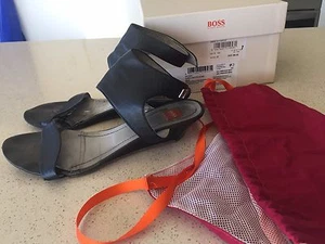 HUGO BOSS Were $450 "DARIA" Black Leather Sandals Wedge Heels Shoes 37EU/UK4/US7 - Picture 1 of 11