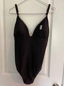 NWOT Kona Sol Black Deep V Crochet Trim One Piece Bathing Swim Suit Size L - Picture 1 of 5
