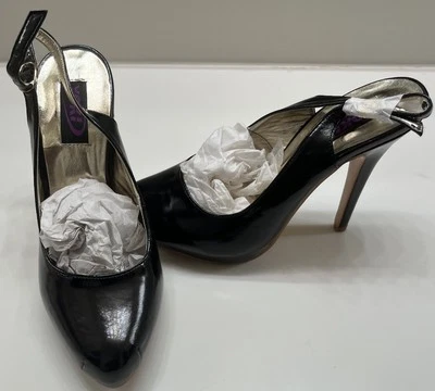 SLINGBACK-GIRL Black Faux Patent Leather Slingback Heels Sz 6.5 Perfect 4 Office - Image 1 of 4