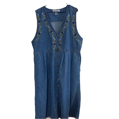 VTG Jane Ashley Full Button Front Denim Jumper Embroidered Jean Maxi Dress Sz 3X - Image 1 of 4