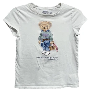 Polo Ralph Lauren Girls Kids Bear Tee Size Large White Preppy Classic FLAWED - Picture 1 of 5