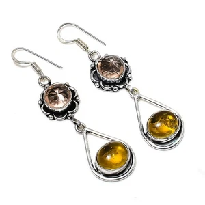 Citrine, Morganite Gemstone Handmade 925 Sterling Silver Jewelry Earring 2.44" - Picture 1 of 5