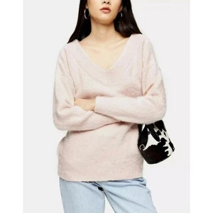 Topshop Pink V-Neck Knitted Brushed Bardot Fuzzy Pullover Sweater Women's 4/6 - Picture 1 of 7