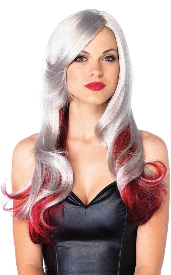 Leg Avenue Allure Long Wavy Wig White Grey and Red Halloween Rave Costume Hair - Image 1 of 4