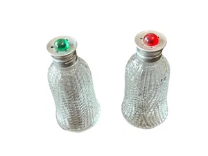 Salt Pepper Shaker Set Clear Glass Red Green Gem Top Christmas Holiday Vintage - Picture 1 of 6