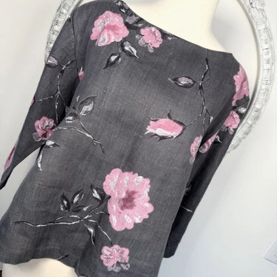 Blusa Asana Regalia Hecha a Mano Talla M Lino Túnica Gris Jardines Motivo Floral NUEVA Foto 1 de 4