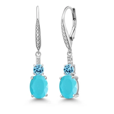 925 Sterling Silver Green Turquoise and Swiss Blue Topaz Dangle Earrings for - Image 1 of 3