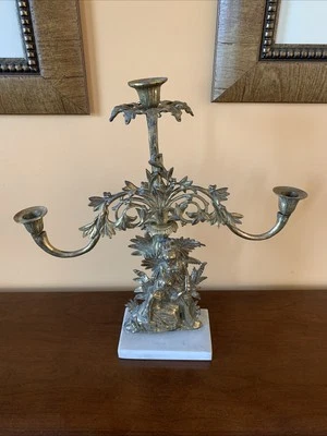 Antique 1890 Victorian Girandole Rare Couple 3 Arm Brass & Marble Candelabra - Image 1 of 4