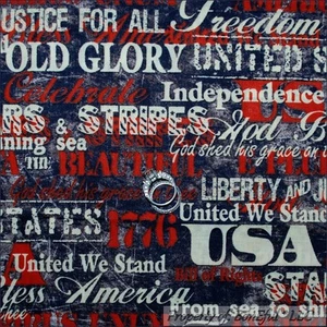BonEful Fabric FQ Cotton Blue Red Off White Country USA America Star Word Stripe - Picture 1 of 8