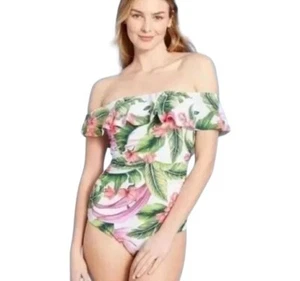 Kona Sol Womens Off Shoulder Flounce One Piece Swimsuit Tropical Floral XS New - Picture 1 of 4