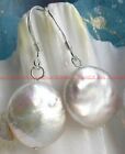 Natural 12-13mm White Coin Freshwater Pearl 925 Silver Hook Dangle Earrings